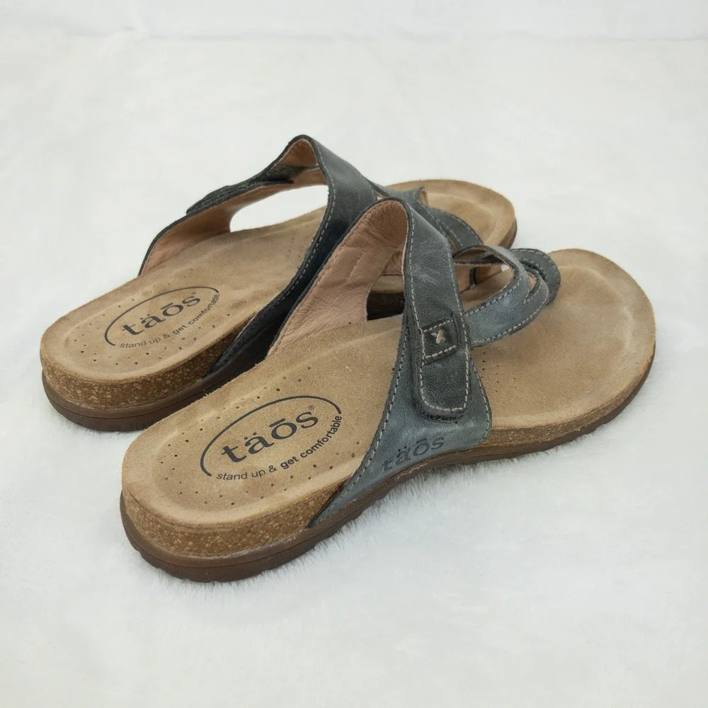 Taos Perfect Sandals Womens 7 Gray Leather Strappy Adjustable Comfort Thong